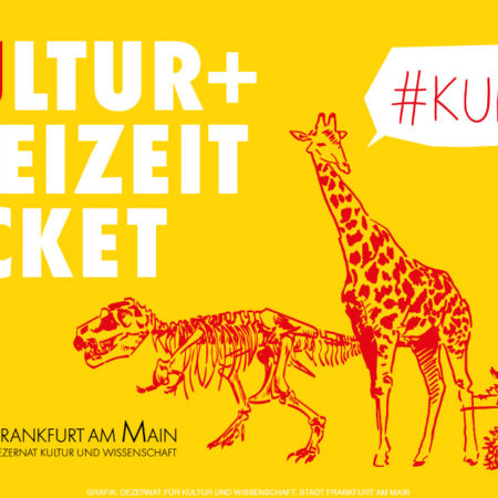 Grafik mit dem Schriftzug Kultur+Freizeit-Ticket und #KUFTI mit einem Dinosaurierskelett, einer Giraffe und Goethe, Grafik vom Kulturdezernat