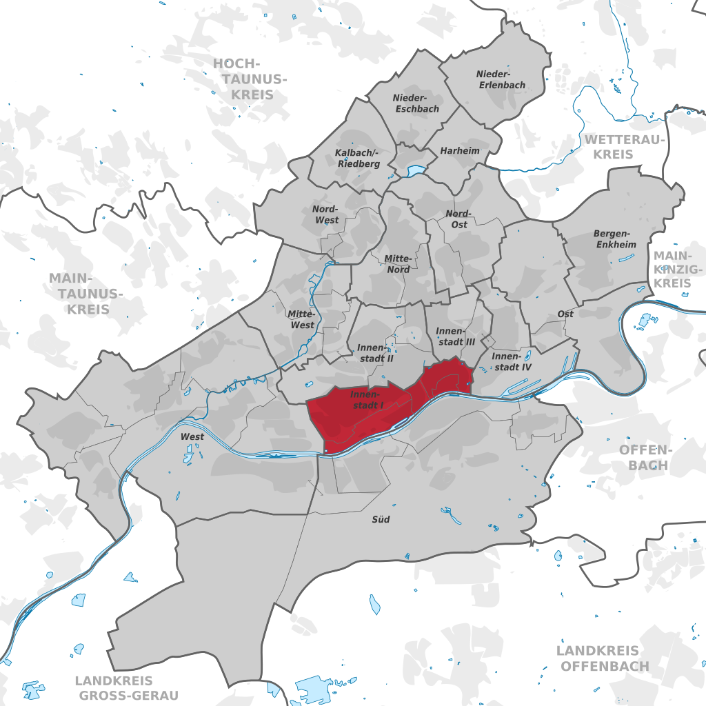 Karte Ortsbeirat 1 - Altstadt, Innenstadt, Bahnhofsviertel, Gutleutviertel, Gallus, Europaviertel.